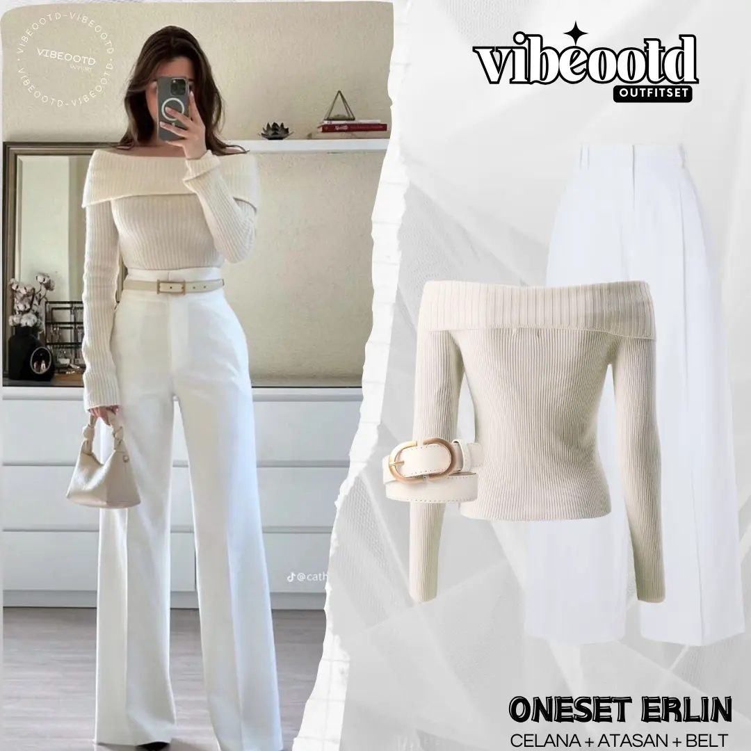 Erlin Outfit Set Wanita ( Celana Loose Pants Nyaman + Baju Atasan Sabrina Long Sleeve Panjang Lembut + Ikat Pinggang ) Ootd Casual Simple - One Set Korean Look Setelan Remaja Santai Formal cewek