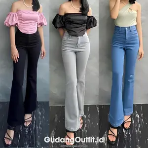 Highwaist Cutbray Jeans Wanita Premium Celana Panjang Polos Denim Melar Cewek Karet Hitam Dewasa
