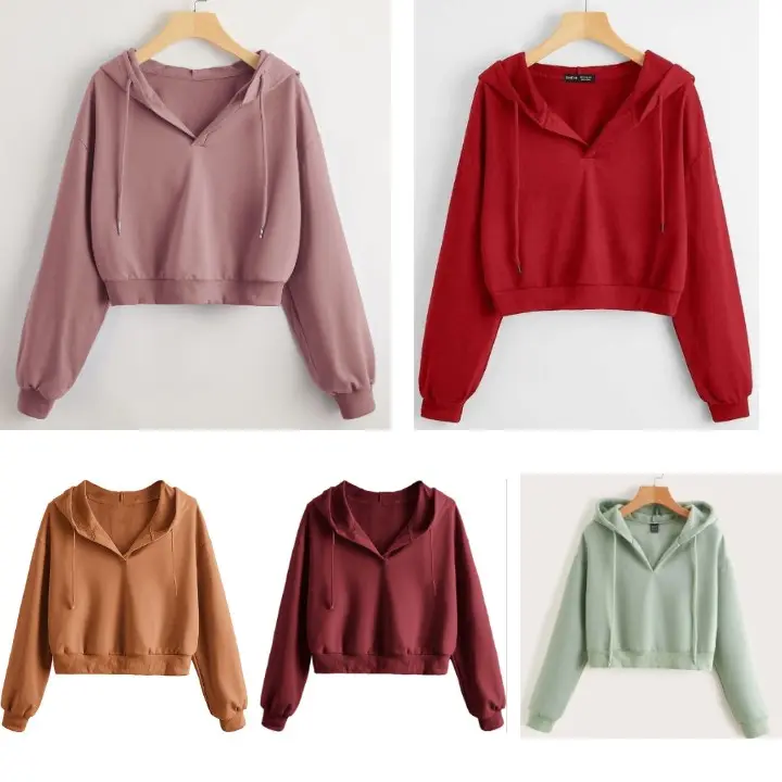 CROP V NACK HOODIE WANITA DEWASA FLEECE M L XL LEMBUT