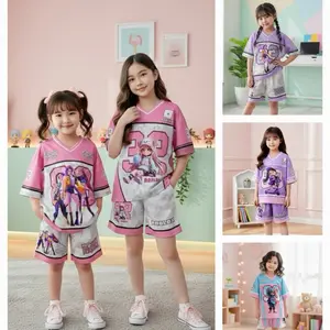 Setelan Anak Jersey Premium Anak Perempuan Motif Karakter Lucu Baju dan Celana Pendek Warna Pink Trendy
