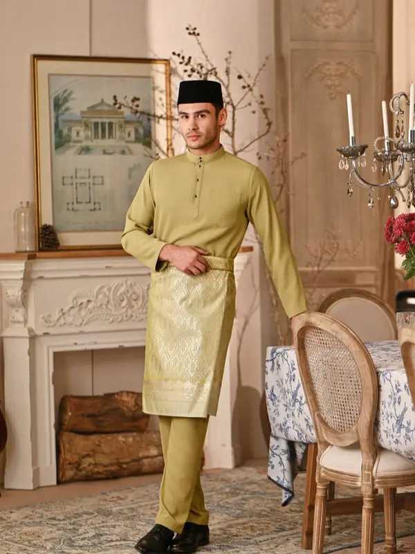 Satu Set Baju Celana dan kain songket/rumpak Teluk Belanga Cekak Musang Pria Melayu Kurung Setelan Pakaian Adat Malaysia Riau Koko Dewasa 1
