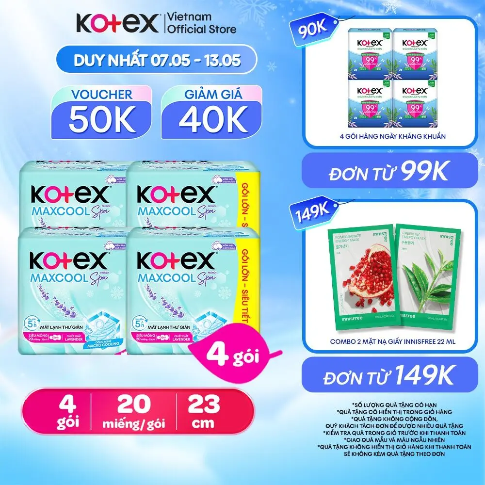 Combo 4 gói băng vệ sinh Kotex Maxcool French Spa Siêu mỏng cánh 23cm (20M/gói) [Bao bì thay đổi tùy đợt nhập hàng]