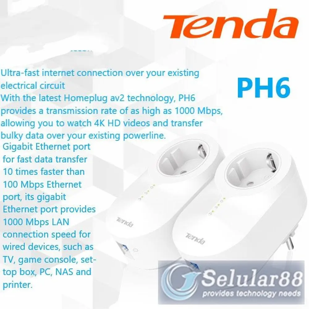 Tenda PH6 AV1000 Gigabit Passthrough Powerline Adapter Kit Wireless