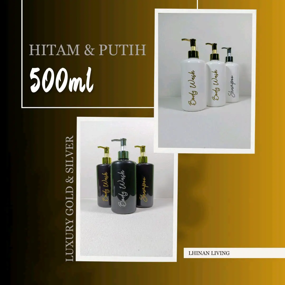 Botol Sabun Cair Aesthetic Hitam & Putih 500ml dengan Gold Luxury Pump - Plastik