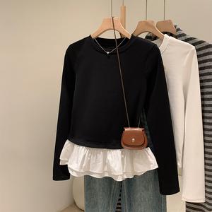 Women's Ballet Lace Overlay Top, Spring & Fall New Two-Piece Patchwork Round Neck Long Sleeve T-Shirt, Fitted Basic Design 5424 Womenswear Blouses Casual Crewneck Minimalist