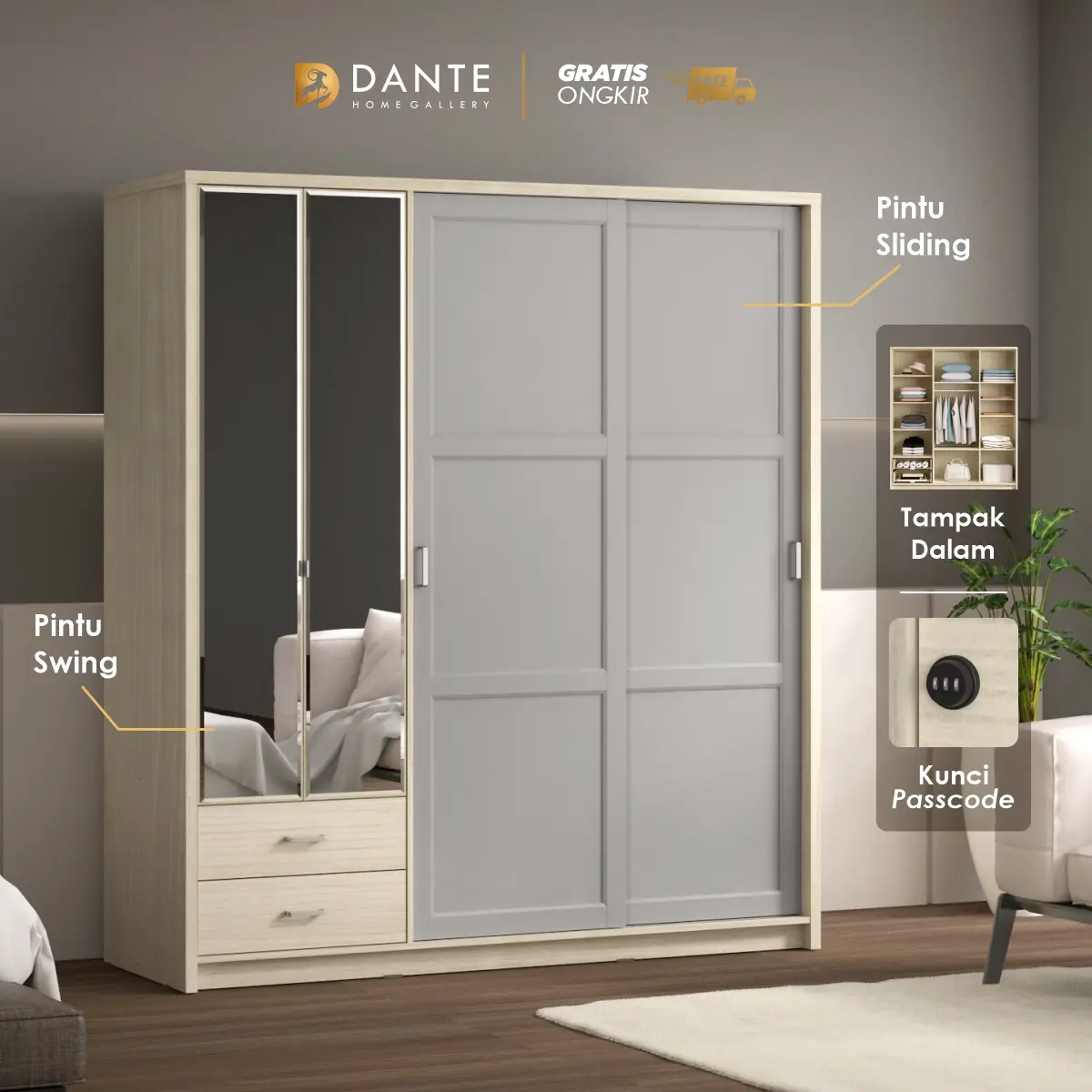 Dante Lemari Pakaian Sliding Minimalis / Wardrobe Aesthetic - VENUS ELIO SL 180