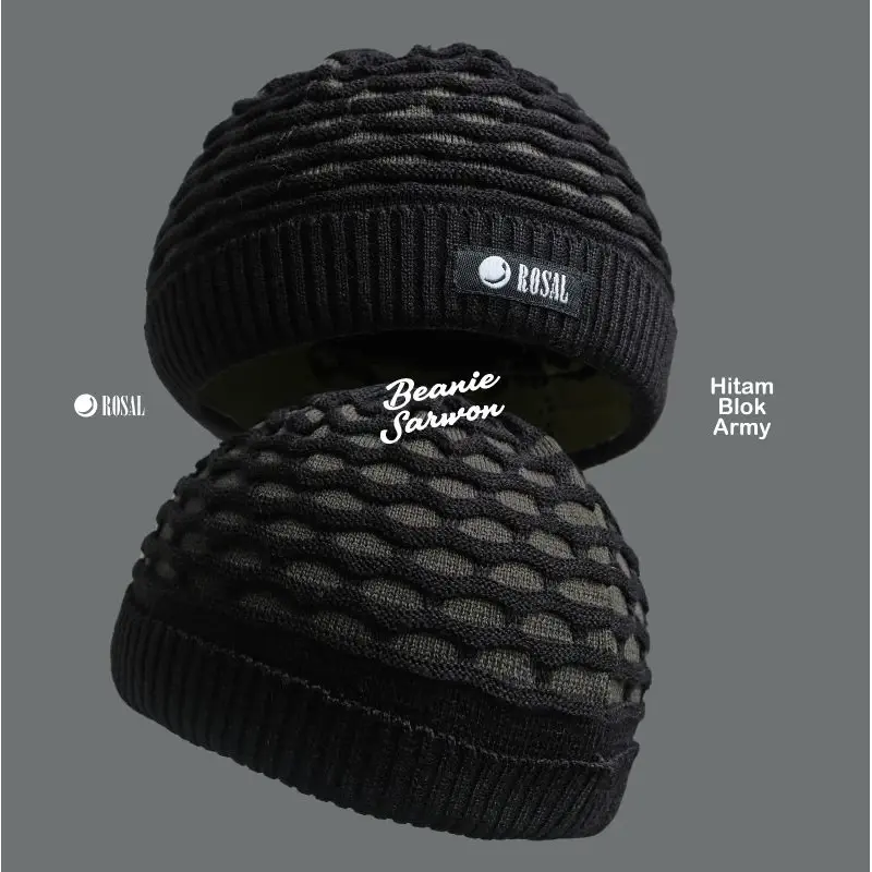 HITAM Rosal Adult Thick Sarwon Beanie Peci / Thick Knitted Peci Sarwon Beanie Wool Material / Knitted Skullcap Peci Benaie Black Peci Sarwon Model