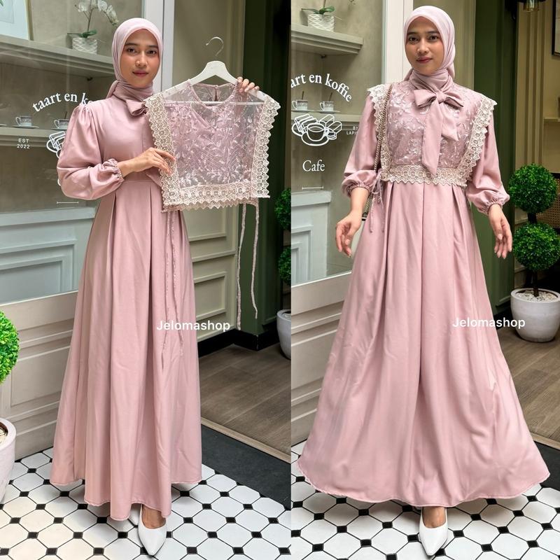 Dress Muslimah LOLI Wanita Model Rompi Tille Bordir dengan Leher Pita dan Lengan Karet - Fit Menyusui Cantik 5