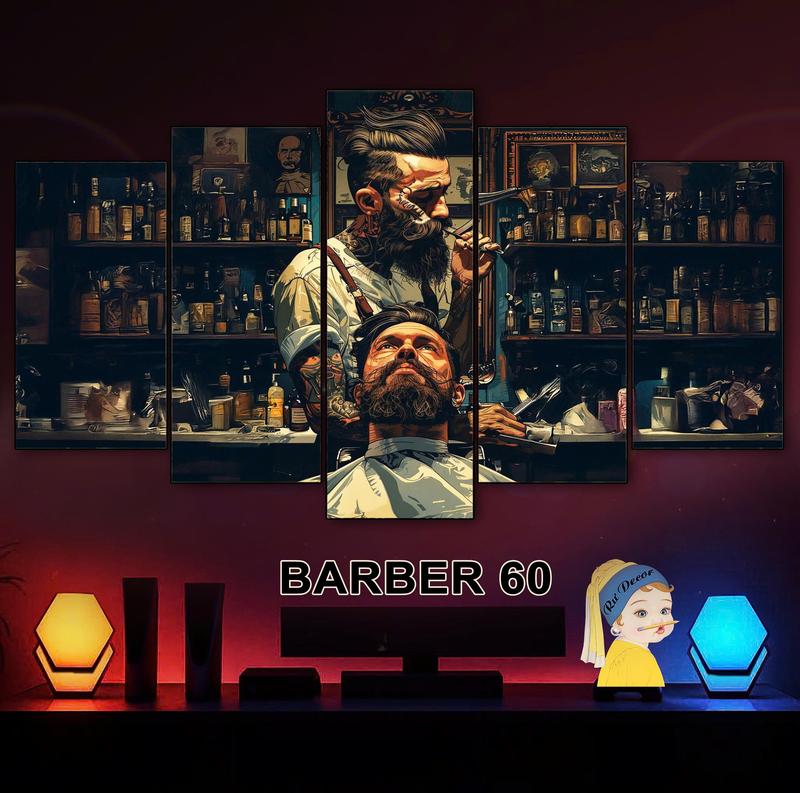 Tranh Decor Barber Tiệm Tóc Salon Tóc Nam 28-61 Bộ Tranh 5 Tấm Ghép Dán Tường Tráng Gương Cán Nhựa Fomex 5mm Dán Keo Chuyên Dụng BH Vận Chuyển Trang Trí Nhà Cửa Phòng Khách