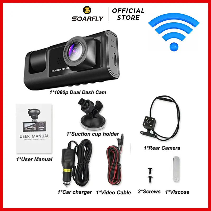 SOARFLY Dashcam 1080P Ultra HD 360° Góc Rộng 170° 3 Kênh Màn Hình 2 Inch Hỗ Trợ WiFi & AVI Kèm Camera Hành Trình Kép 1080p Tầm Nhìn Ban Đêm IR Ghi Âm HD
