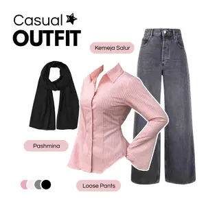 Cewek Casual Outfit (Kemeja Salur Pink, Loose Pants Jeans, Pashmina Hitam) Skena Style - AV02