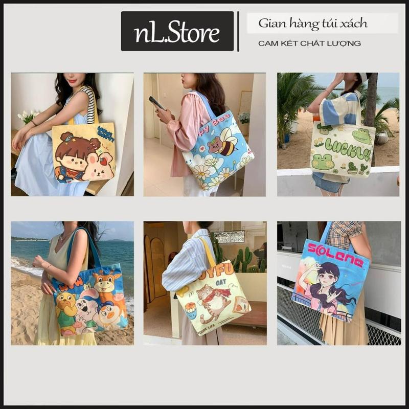 Túi tote vải canvas có khóa kéo + ngăn phụ in 2 mặt đựng đồ đi học đi làm cao cấp nL.Store T23