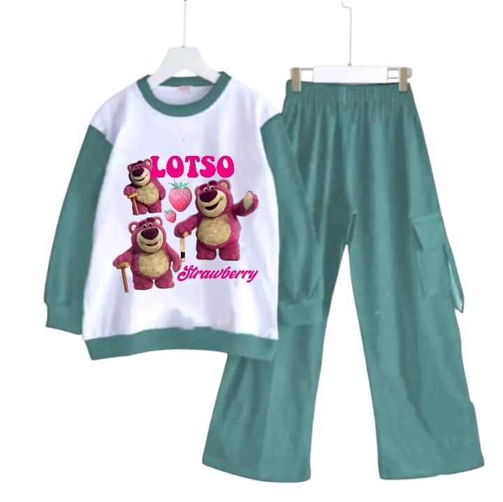 Setelan anak celana cargo karakter Lotso Bear Strawberry bahan crinkle kekinian setelan kaos panjang anak perempuan setelan  anak Setelan Baju 5