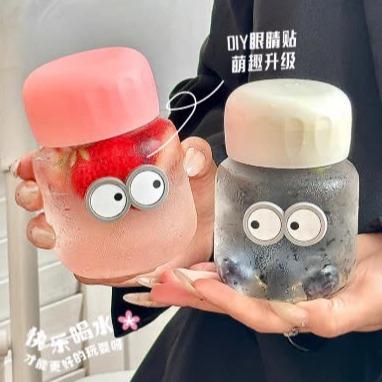 Bình Nước Thủy Tinh Đôi Mắt 300ML Dễ Thương- Cốc Uống Nước Mini Chia Vạch Cute Xinh Xắn - Bình Nước Hình Nấm
