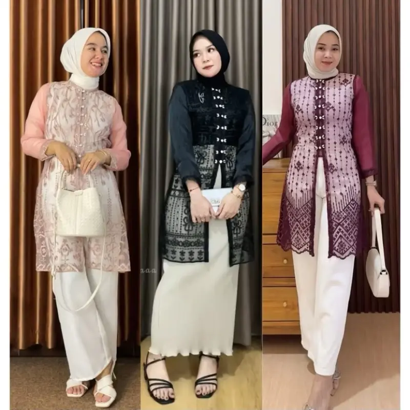 ￼Hadju Tunik Brukat Bordir Sapto / Tunik Brokat Tali Kancing Mutiara Payet Diamond / Baju Kondangan, Wisuda, Seragaman, Bridesmaids, Pesta, Acara Formal Brokat Panjang Atasan Muslim 4