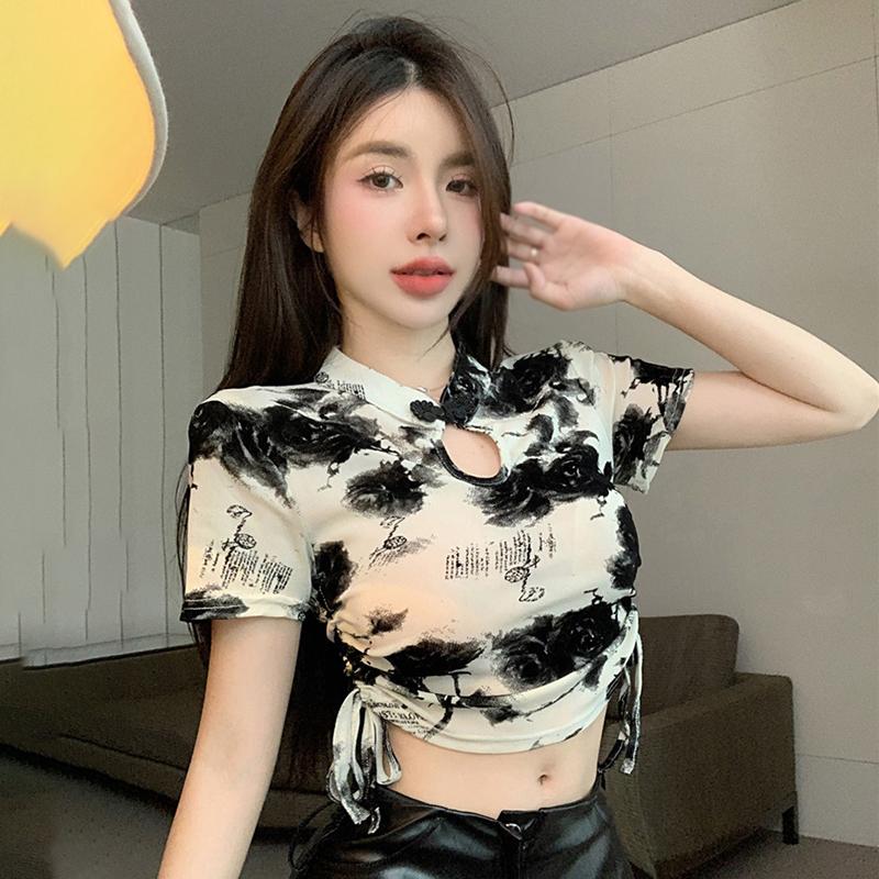 Product Introduction of Áo In Mực Retro Cho Nữ, Tay Áo Ngắn, Khóa Dây Rút, Ngực, Áo Khoét Lỗ 47