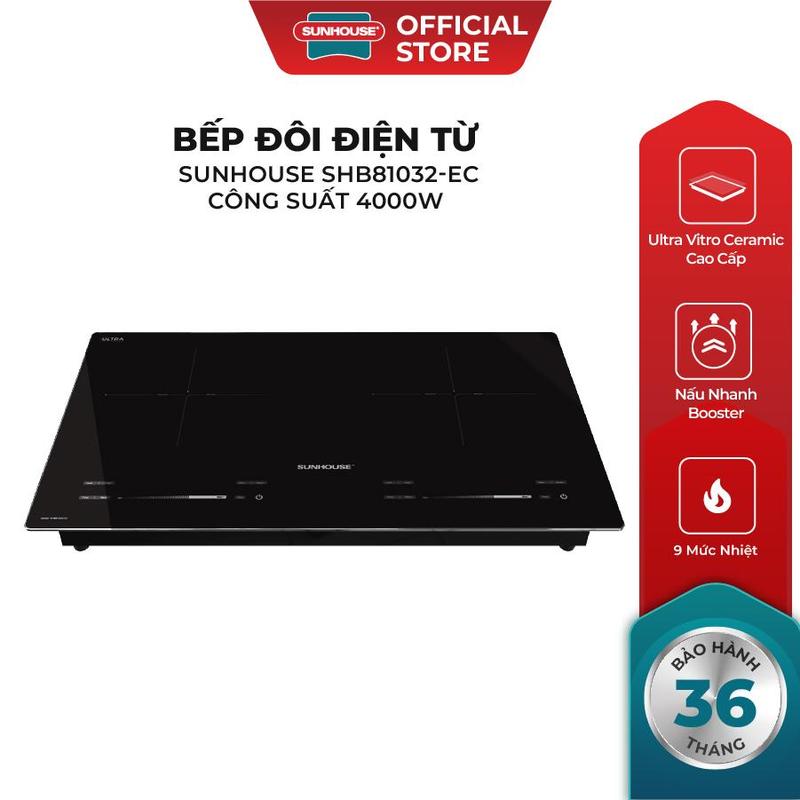 Quyenleo Bếp đôi điện từ Sunhouse SHB81032-EC - Booster nấu nhanh - 9 mức chỉnh Cảm ứng Slider control - Mặt kính nguyên khối
