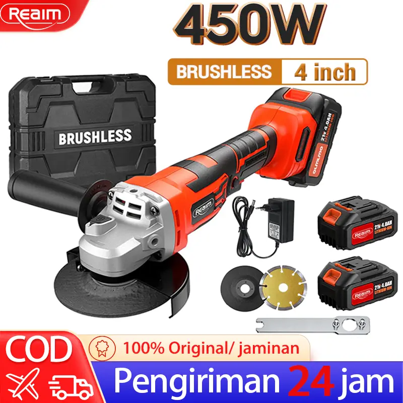 Reaim Gerinda Baterai Brushless 4Inch 450W Mesin Gerinda Baterai Tangan Cordless Angle Grinder Mesin Gerinda Tangan Murah