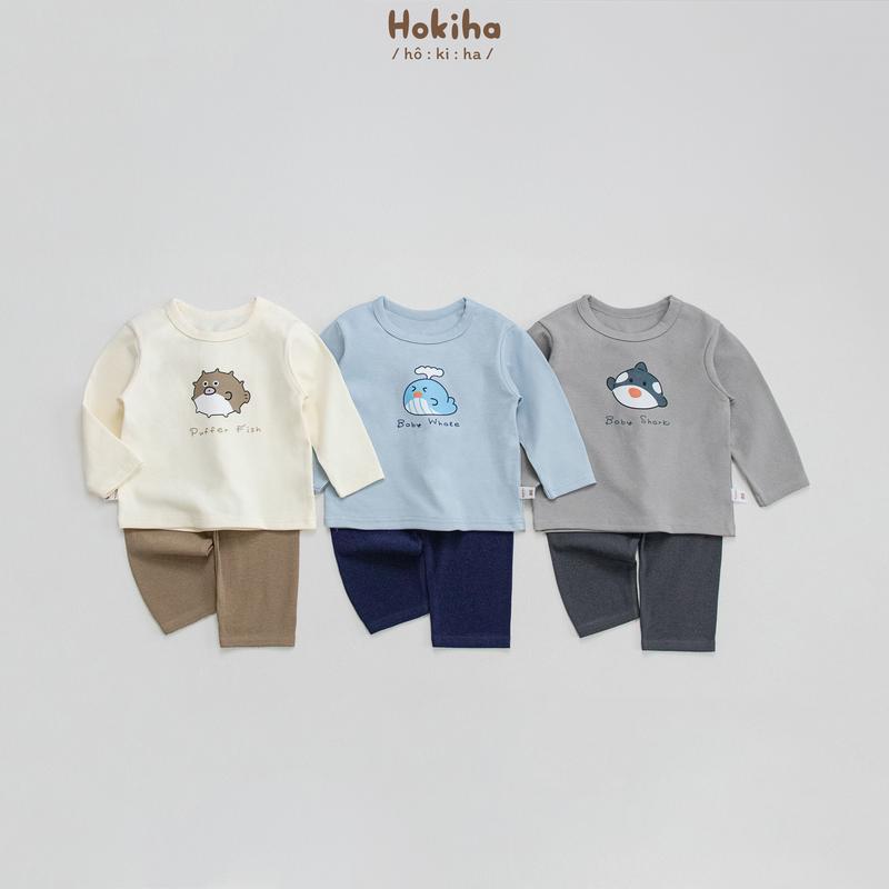 [Hokiha] B202-Bộ quần áo dài tay cho bé trai bé gái hình cá đáng yêu vải cotton mềm mịn, thoáng mát size 8-17kg