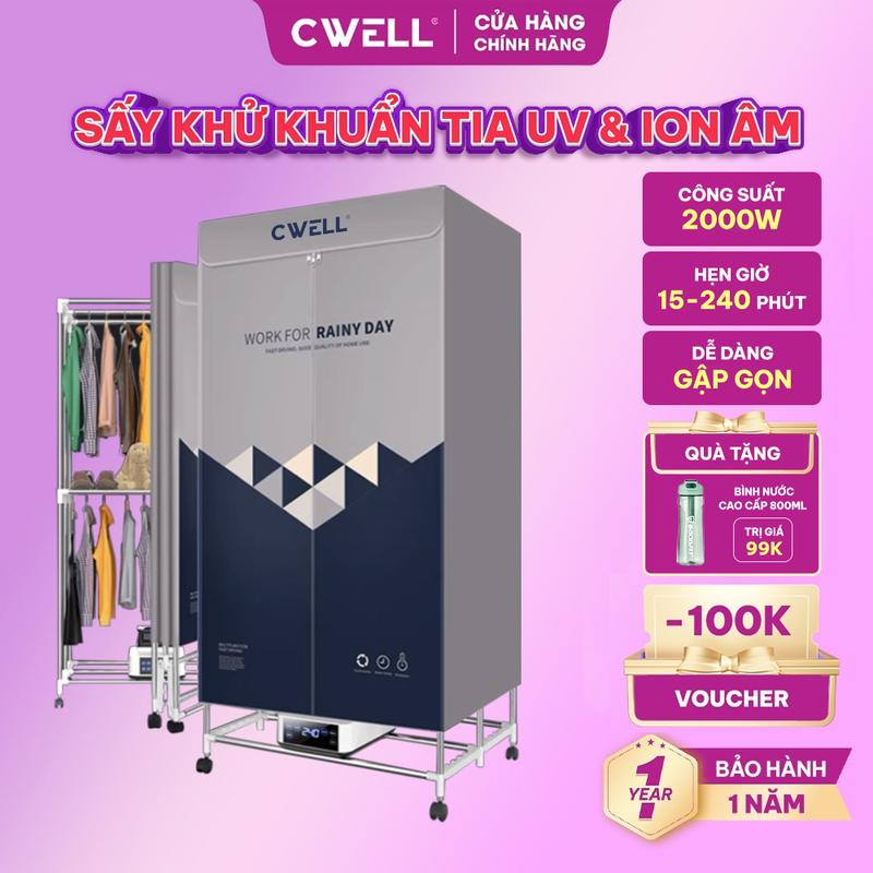  TẶNG BÌNH NƯỚC  Tủ sấy quần áo gấp gọn CWELL D23 công nghệ sấy gốm PTC khử khuẩn tia UV diệt khuẩn và ION 1500-2000W Sấy khô 10-20kg quần áo mùa đông nhiều chế độ sấy cảm ứng hiện đại tiết kiệm diện tích cao 1m7 
