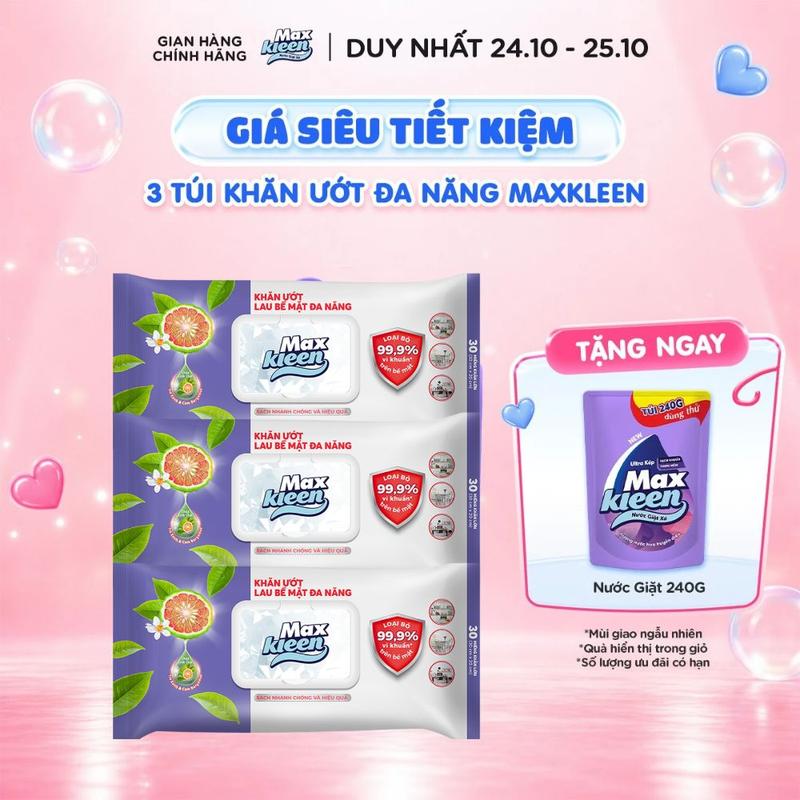 Combo 3 Khăn Ướt Lau Bề Mặt Đa Năng 30x20cm Hương Cam và trà xanh giúp vệ sinh tiện lợi, diệt khuẩn, loại bỏ bụi bẩn hiệu quả, an toàn khi tiếp xúc trực tiếp với da tay (30 Miếng/gói)