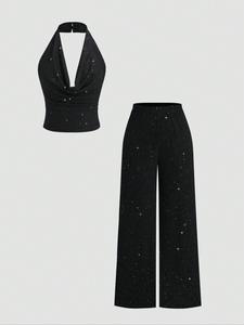 Conjunto de dos piezas con brillos para mujer, Top tipo tank y pantalones sexy, moda para fiesta, club o festival de música, Ropa de dama para primavera