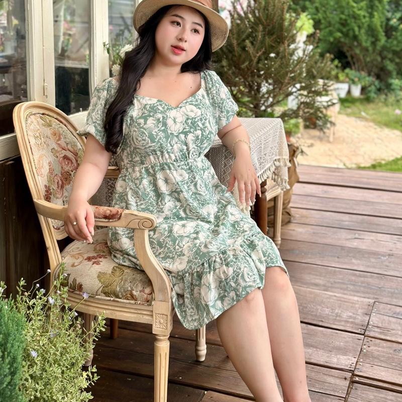 Chubby House Styles-Floral Dress- Đầm big size xòe hoạ tiết hoa cột dây Nữ Women peplum Kem Nhung 1