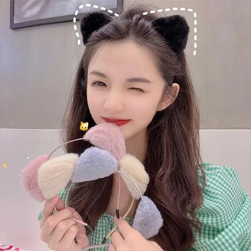 Cute cat ears headband cute and sweet girl hair accessories wash face plush hair card headband simple and versatile