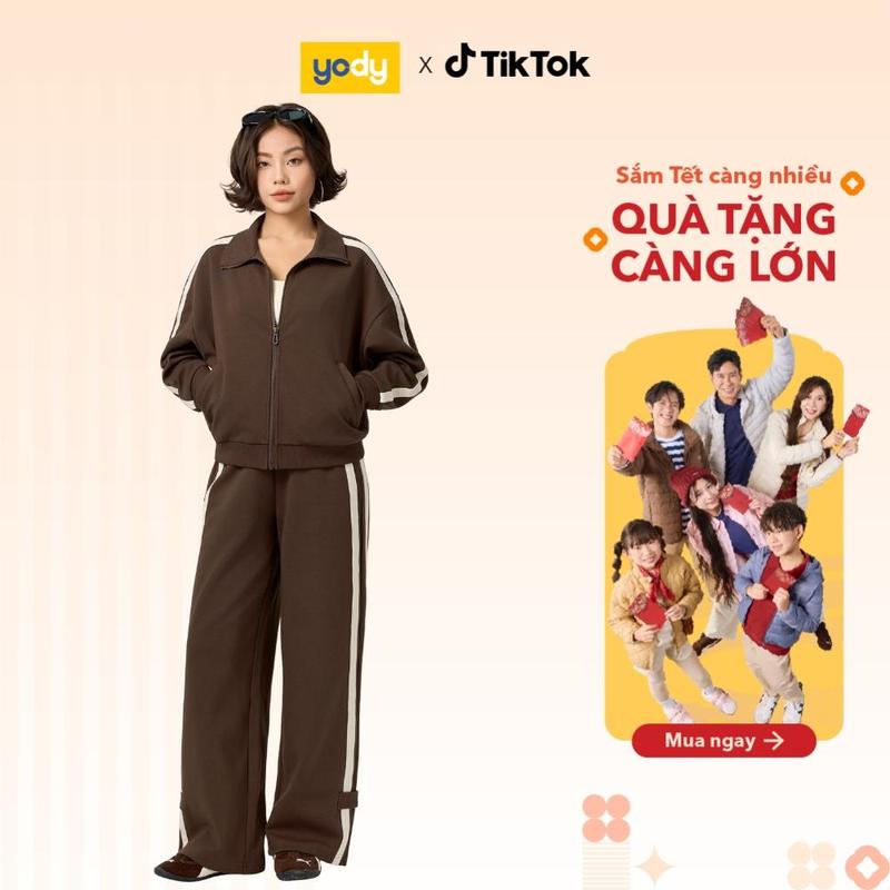 Bộ đồ nữ thu đông YODY vải nỉ double face áo khoác cổ dựng + quần ống suông WCSL25F056