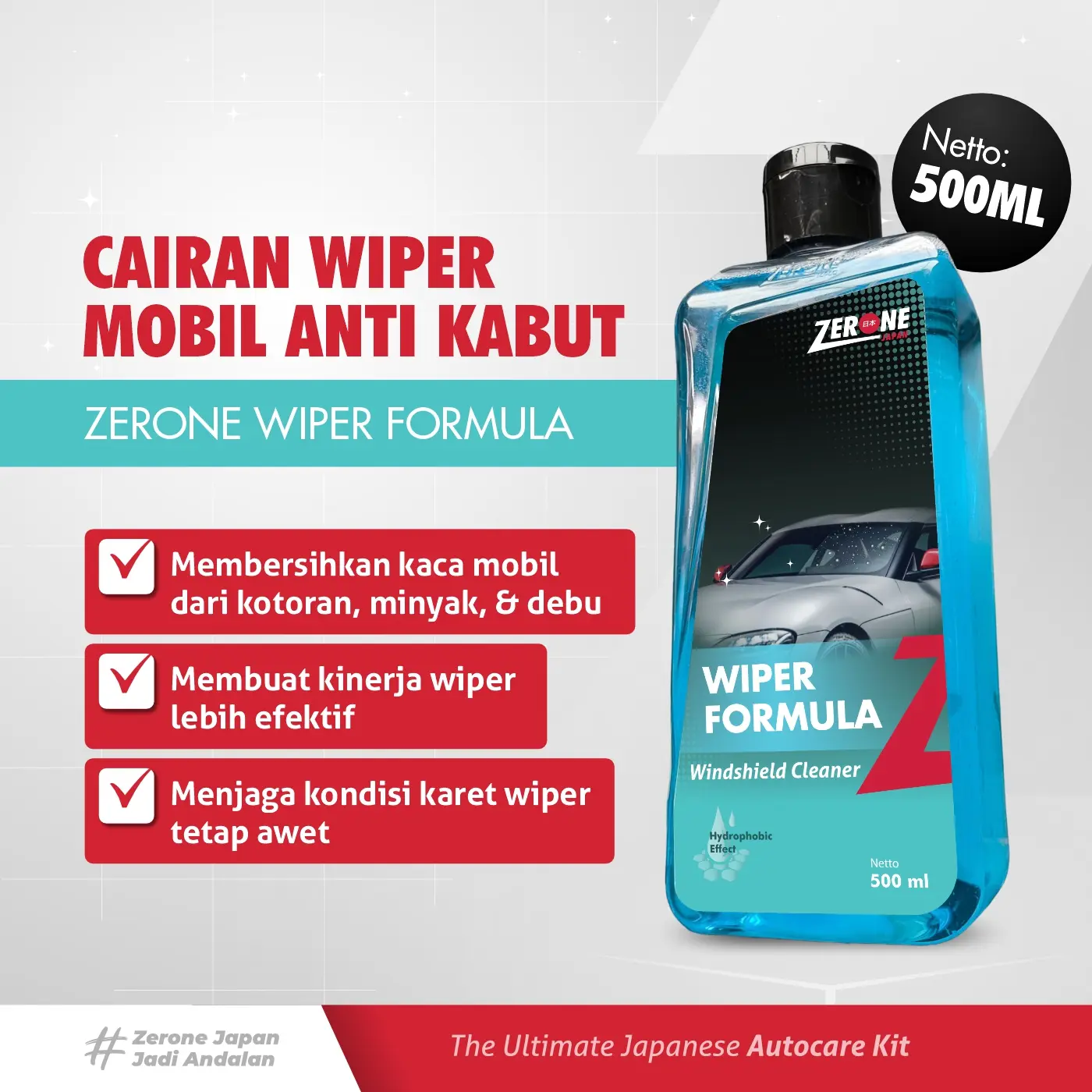 ZERONE Wiper Formula 500 ml - Cairan Pembersih Kaca Mobil Depan & Belakang Non-streak Cleaning Efektif Anti Kabut