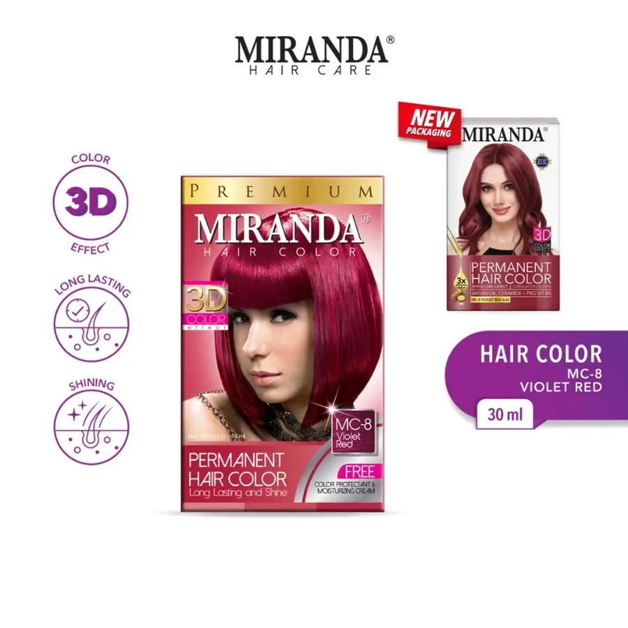 Miranda Hair Color (Cat Rambut Permanen) MC8 Violet Red 30ml Box Pewarna Dye
