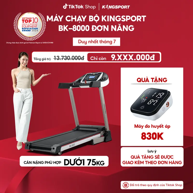 CHỈ GIAO MIỀN NAM I Máy chạy bộ KINGSPORT BK-8000 đơn năng,tốc độ tối đa 14km/h, 12 chường trình luyện tập, tra dầu tự động 0