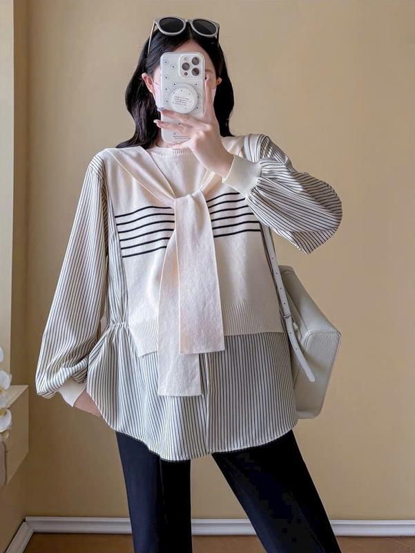 Áo bầu thu đông sơ mi mix gile len kèm khăn thời trang size 40-65kg HR044