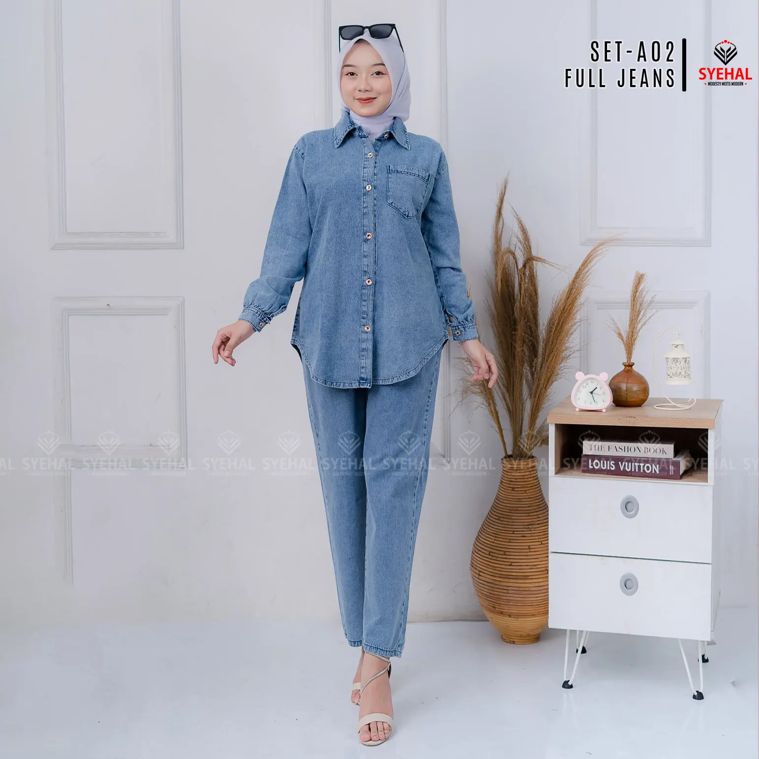 Syehal Onset SET-A02- Setcel Full Jeans Pakaian Wanita Oversize- Baju Lebaran Wanita setelan jeans