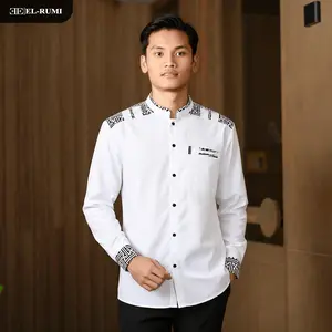 Baju Koko Pria Elrumi Lengan Panjang Motif Panser Kombinasi Batik Warna Putih