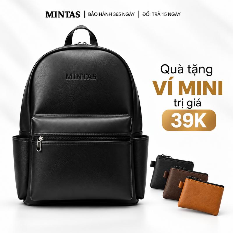 Balo Đen Unnisex Cao Cấp Trượt Nước Logo Tinh Tế. Cặp Balo Da Thời Trang Đa Năng MINTAS.