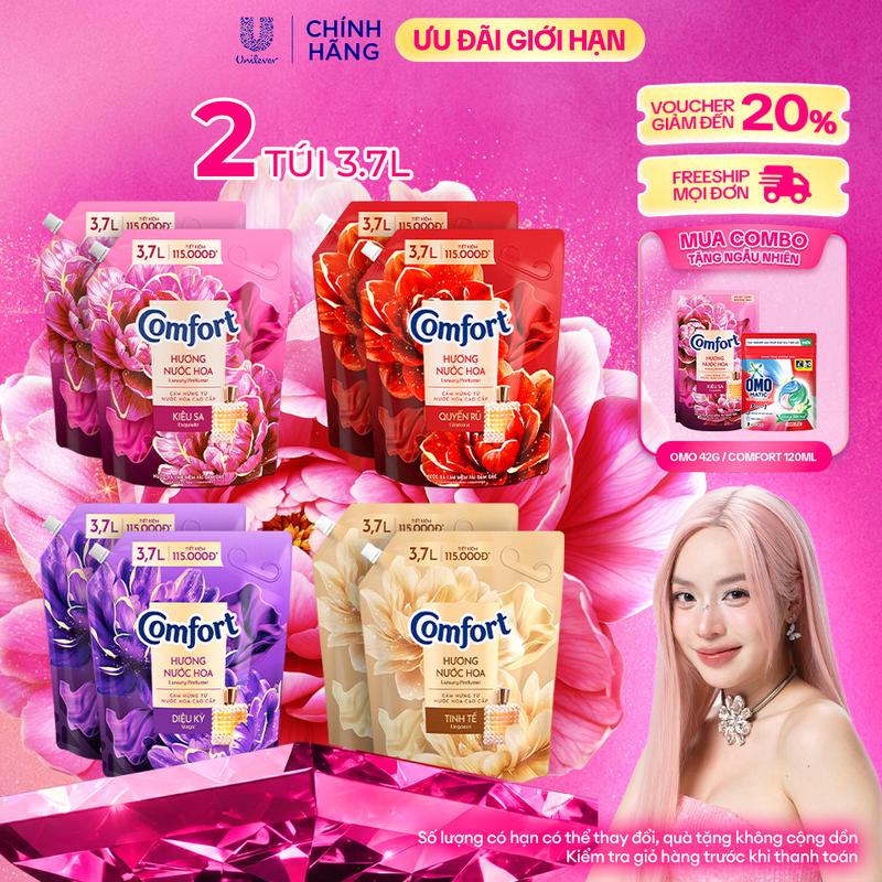 Combo 2 Nước Xả Vải Comfort Hương Nước Hoa 100 Giờ Lưu Hương túi 3.7L