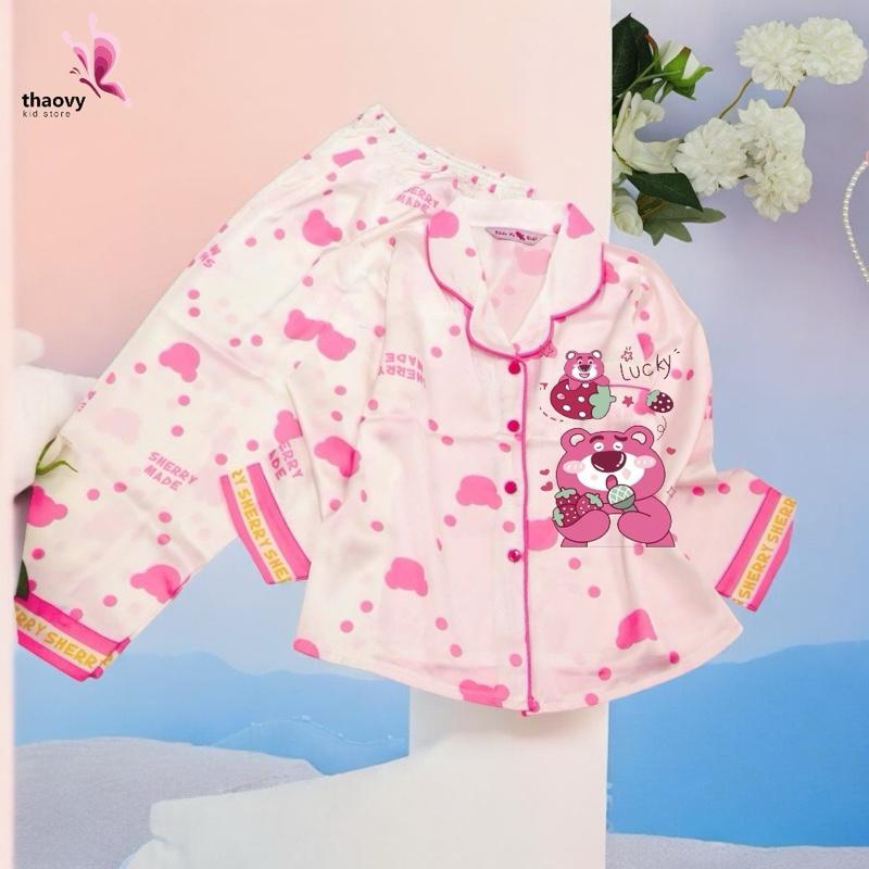 [10-55Kg] Đồ Bộ Pijama  dài tay In Gấu Vải Lụa Latin Cao Cấp - ThaoVySleepwear - Xanh Rêu Đỏ Hồng Tím - Quần Áo Ngủ Pijama Nữ - Bé Gái - Bộ Ngủ Lụa Đồ Bộ Mặc Nhà Homewear Sleepwear Không Nhăn Co Giãn Không Xù Giặt Không Rút 1