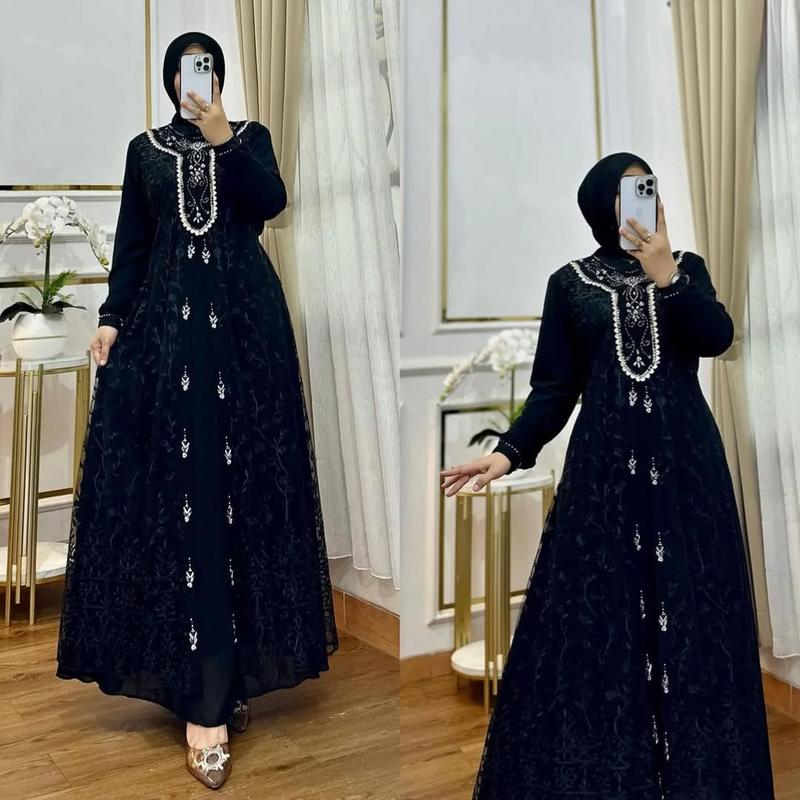 Product Introduction of Gamis Maudy Brukat Burgundy Viral 2025 Dress Terbaru Wanita Ceruty Babydoll Kombinai Brukat Cantik 2