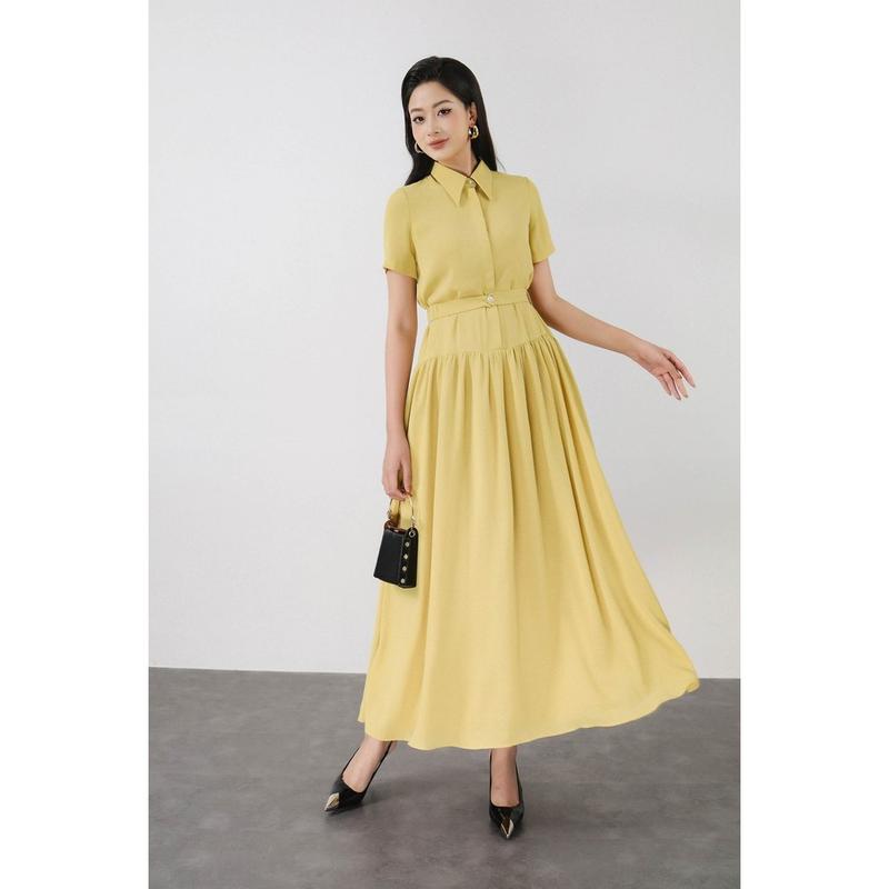  FDC35350 - Đầm công sở vải thô mỏng dáng A xòe cổ đức tay ngắn thân váy xếp nhún tạo xoè kèm dây đai cài khuy - PANTIO 
