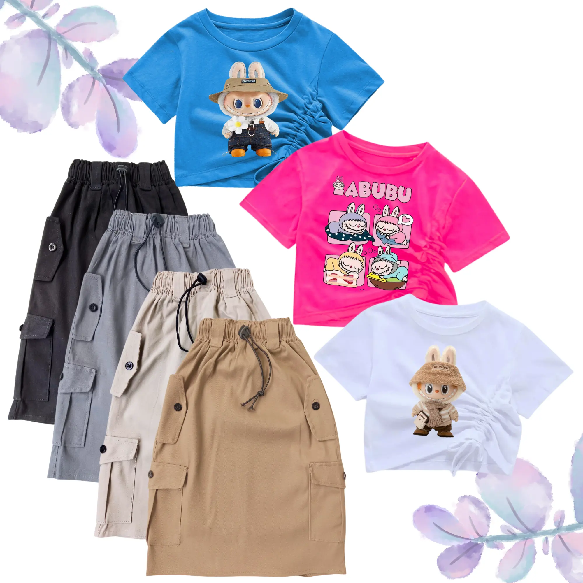 SETELAN ROK KARGO ANAK PEREMPUAN DAN KAOS MOTIF