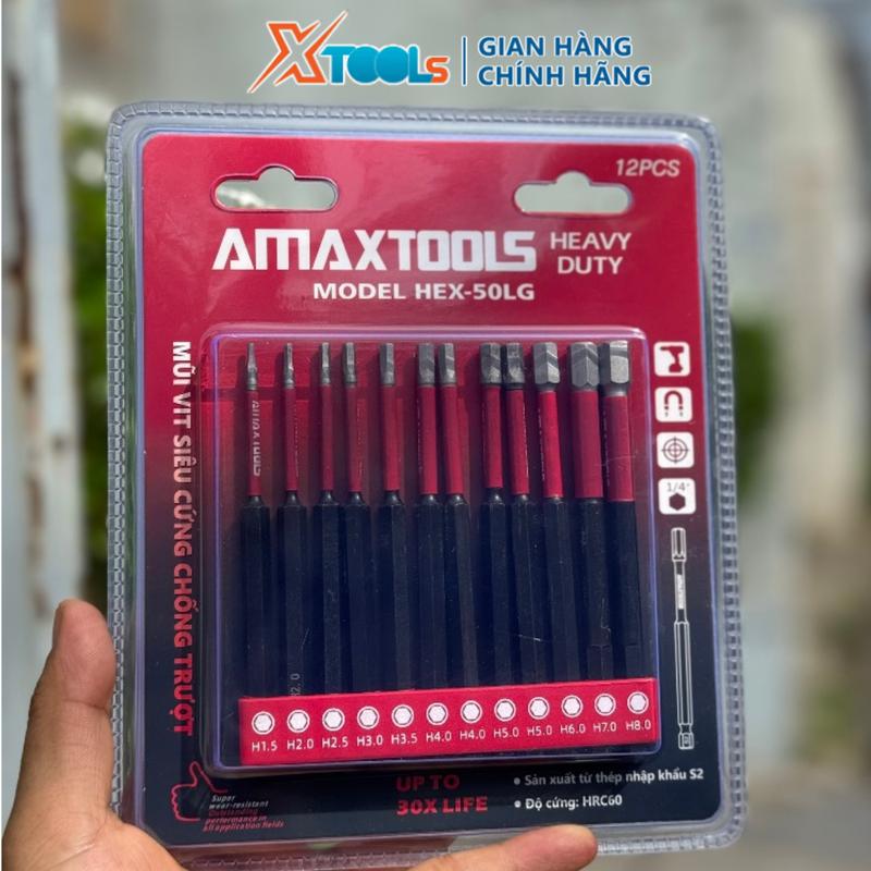 Bộ 12 mũi bắn vít lục giác chống trượt AMAXTOOLS Thép S2 siêu cứng HRC60 đầu bằng đầu hoa thị