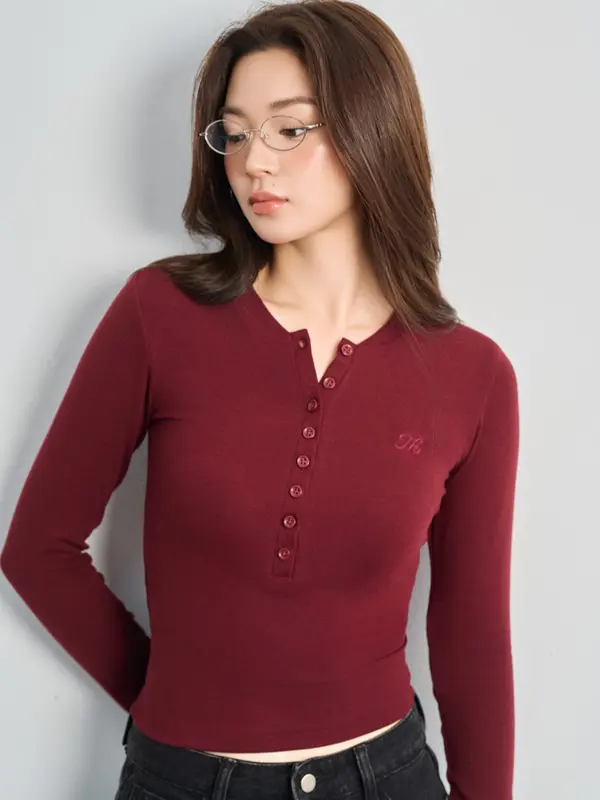 THEKIM Áo thun dài tay cổ tròn cúc ngực , chất liệu Rib cloud 100% cotton vải dày mềm mịn T259 1