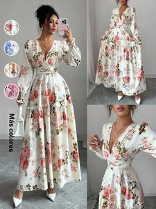 Vestido de mujer con estampado floral, diseño romántico francés, muñequeras de madera fruncidas, mangas farol, cintura entallada, vestido largo maxi para primavera y otoño