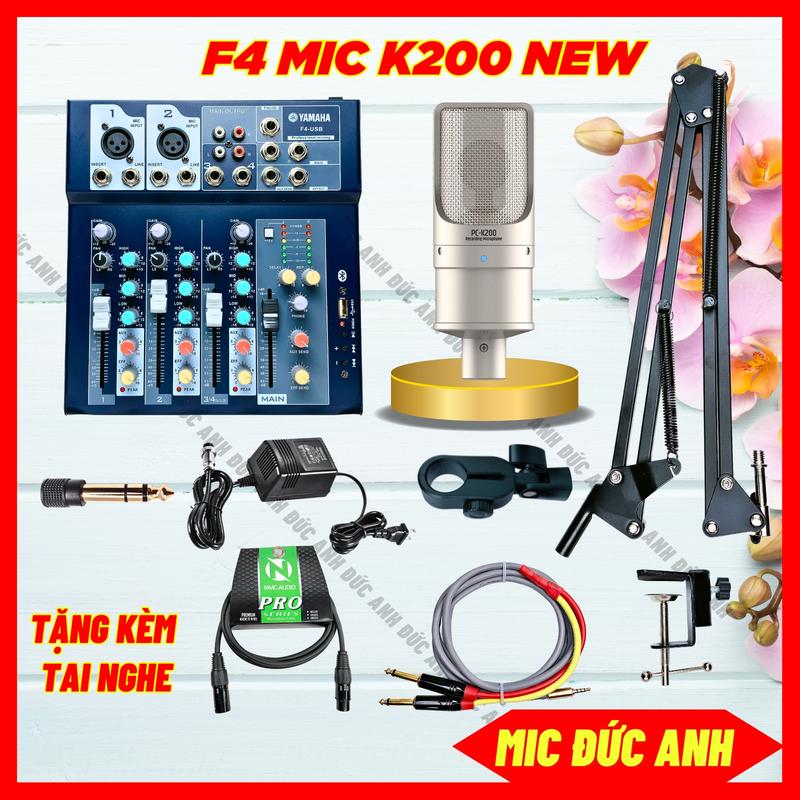 Bộ Thu Âm Mixer F4 Kết Hợp Mic PC K200 New Chuyên Hát Livestream Karaoke Online Âm Thanh Rõ Ràng Tặng Kèm Tai Nghe Và Dây Lấy Nhạc Tặng Jack 6ly