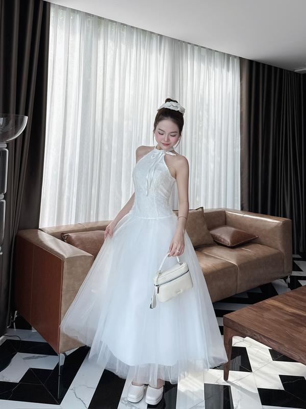 Đầm maxi cổ yếm buộc nơ phối lưới xòe kèm cài đá Ảnh thật/Sẵn