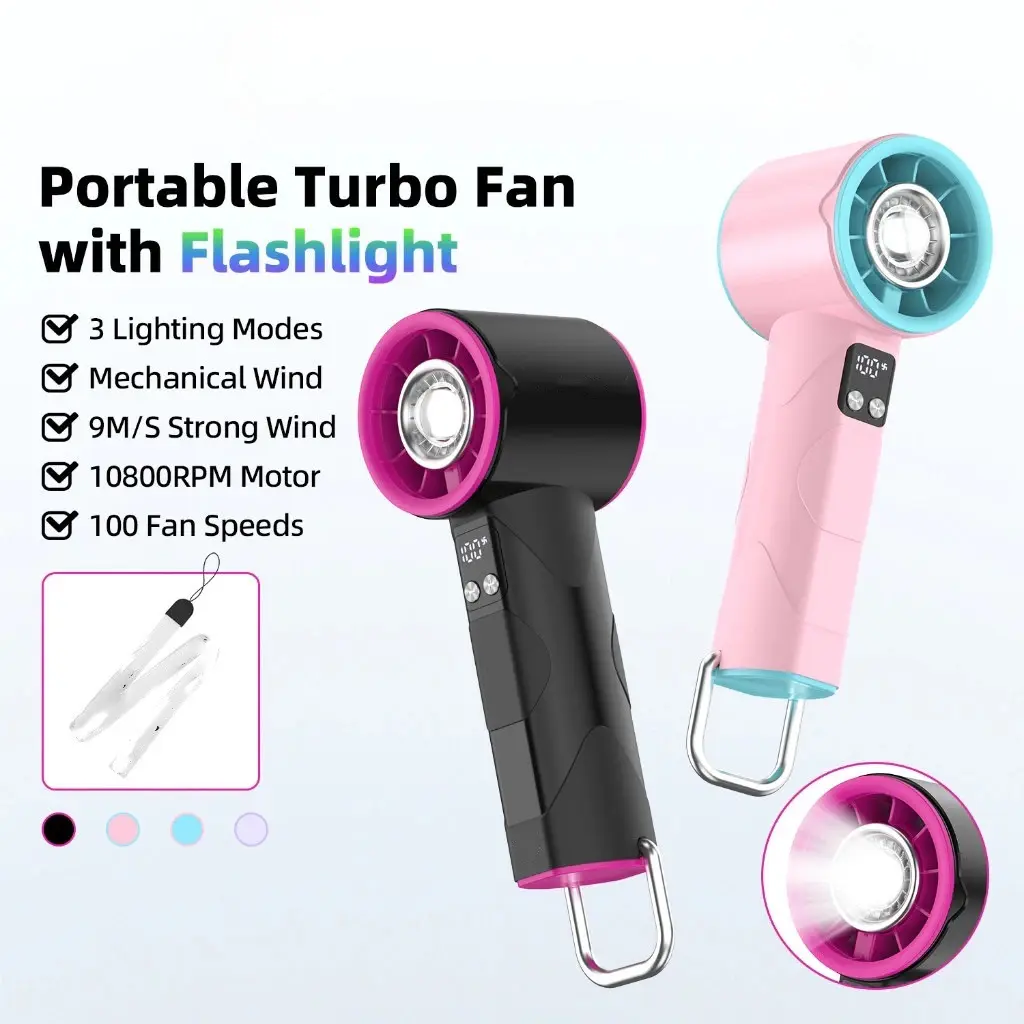 Batikore Kipas Angin Mini Fan Portable Turbo Fan 9m S Motor 10800RPM 100 Kecepatan dengan Senter 3 Mode Lampu Layar Display USB C Karabiner Logam Ukuran Kecil Berat 230g untuk Travel Olahraga Kantor Camping LED dan Aromaterapi