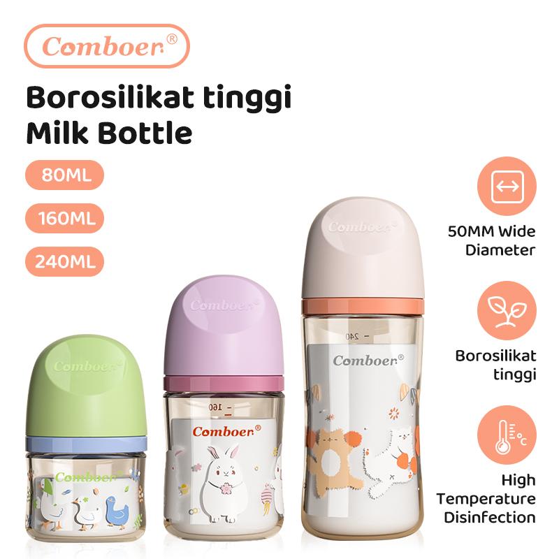 Product Introduction of Comboer Botol Susu Kaca newborn Bayi 80ML/160ML/240ML untuk Bayi Baru Bebas Kaca Borosilikat Tinggi BPA dengan Puting Antikolik 0