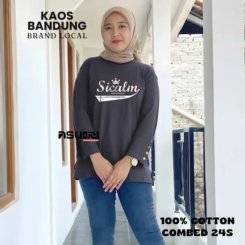 baju atasan wanita longsleeve jumbo wanita tangan kancing baju atasan tshirt cewek lengan panjang motif sablon  variasi kancing premium Kaos Oversize Dewasa 5