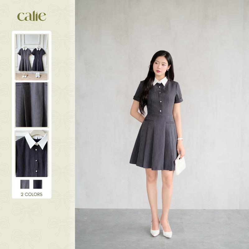 Váy dáng A trên gối kẻ sọc phối cổ trắng, chất liệu mềm mát form basic, dễ phối đồ, phù hợp đi chơi, đi làm, đi học thời trang thiết kế nữ Calie VX258